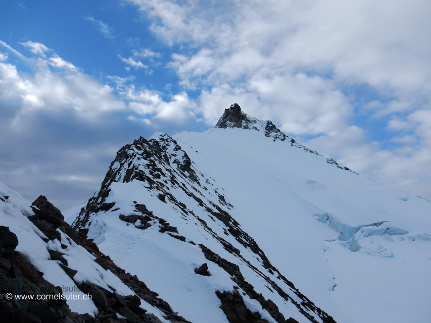 Ab dem Dirrujoch 3912m wieder ein Nordgrat zuerst wenig schwierig, leichte Kletterei, später auf dem Firngrat an die Felsen des Hobärghorn.