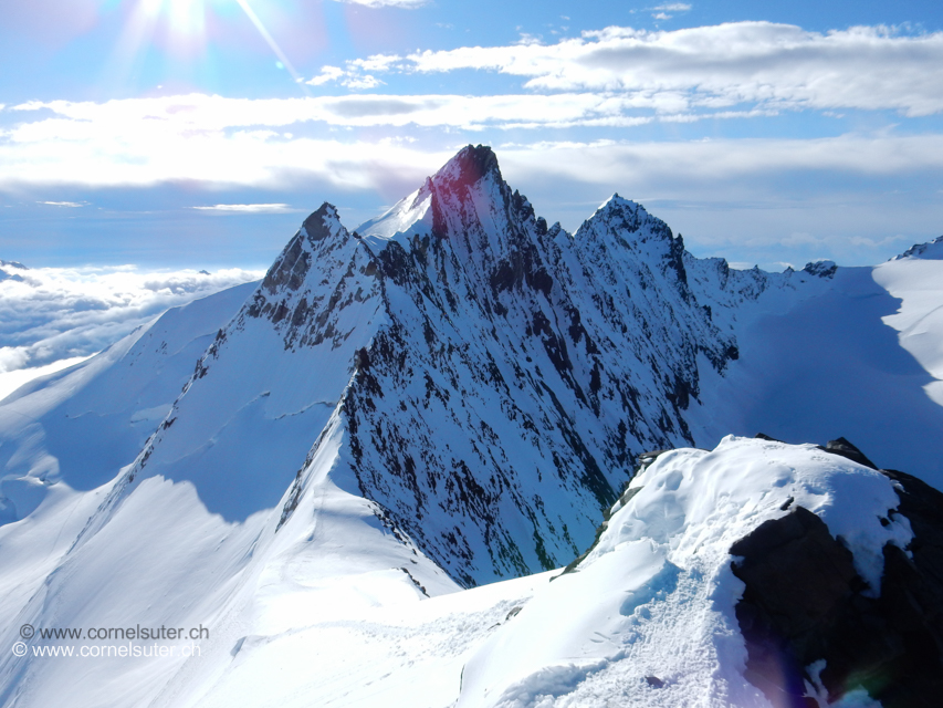 Der weitere Routen Verlauf ab dem Hobärghorn 4219m zum Nadelhorn 4327m höchster Gipfel im Bild.