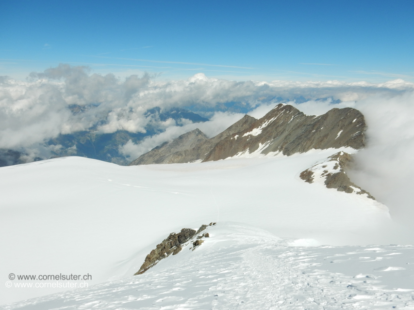 Der Abstieg auf der Nordflanke des Ulrichshorn 3925m, den Riedpass 3555m rechts liegen lassen. Auf dem Riedgletscher flach weiter an die Felsen Pt.3528 des Balfrin...