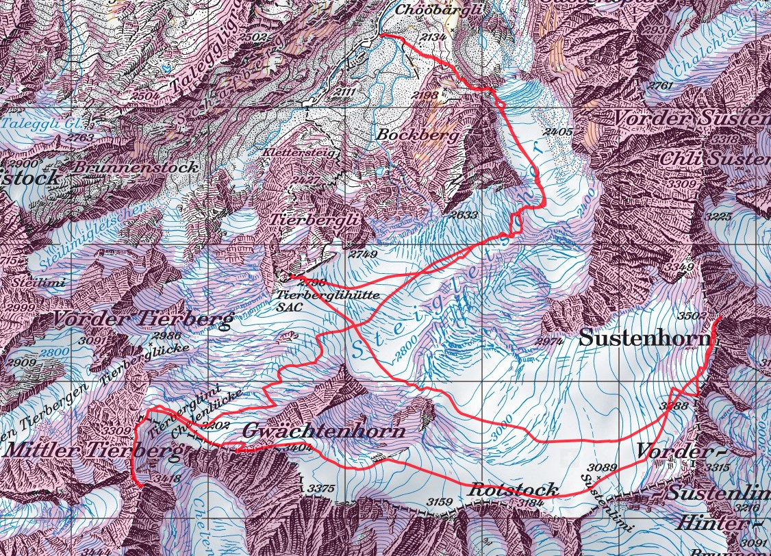Zu Beginn eine Übersicht auf die Route. Auf meinen Bergtouren arbeite ich mit dem Satmap Active 12 GPS mit Swisstopo Skitouren Routen. Erhältlich beim (www.trailshop.ch) in Küssnacht am Rigi.