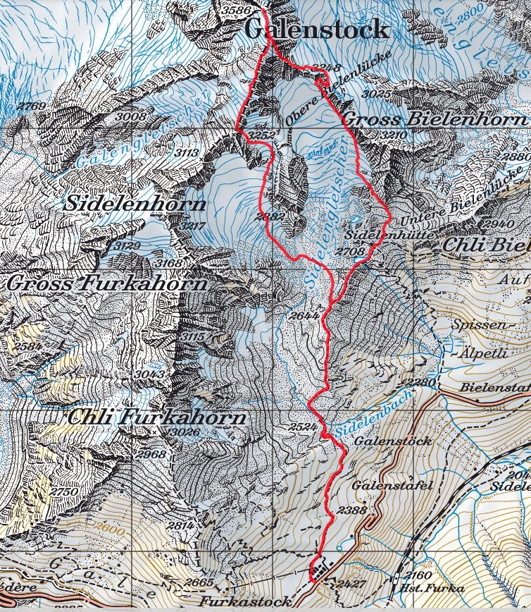 Übersicht auf die Route. Auf meinen Bergtouren arbeite ich mit dem Satmap Active 12 GPS mit Swisstopo Karten. Erhältlich beim (www.trailshop.ch) in Küssnacht am Rigi.