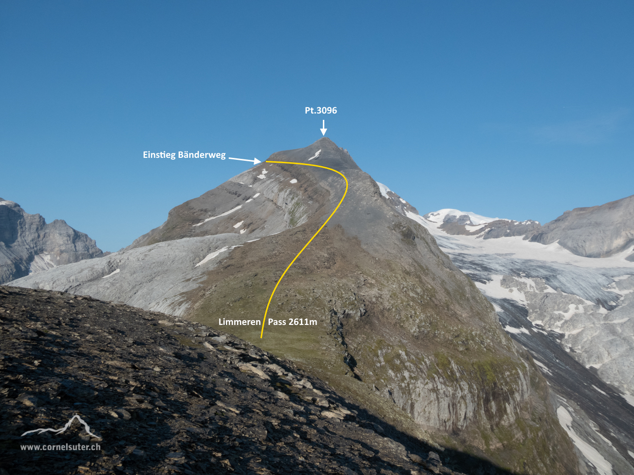 Schon fast beim Limmerenpass, Sicht auf die Route, Wegspuren und Steinmänner helfen zur orientierung.