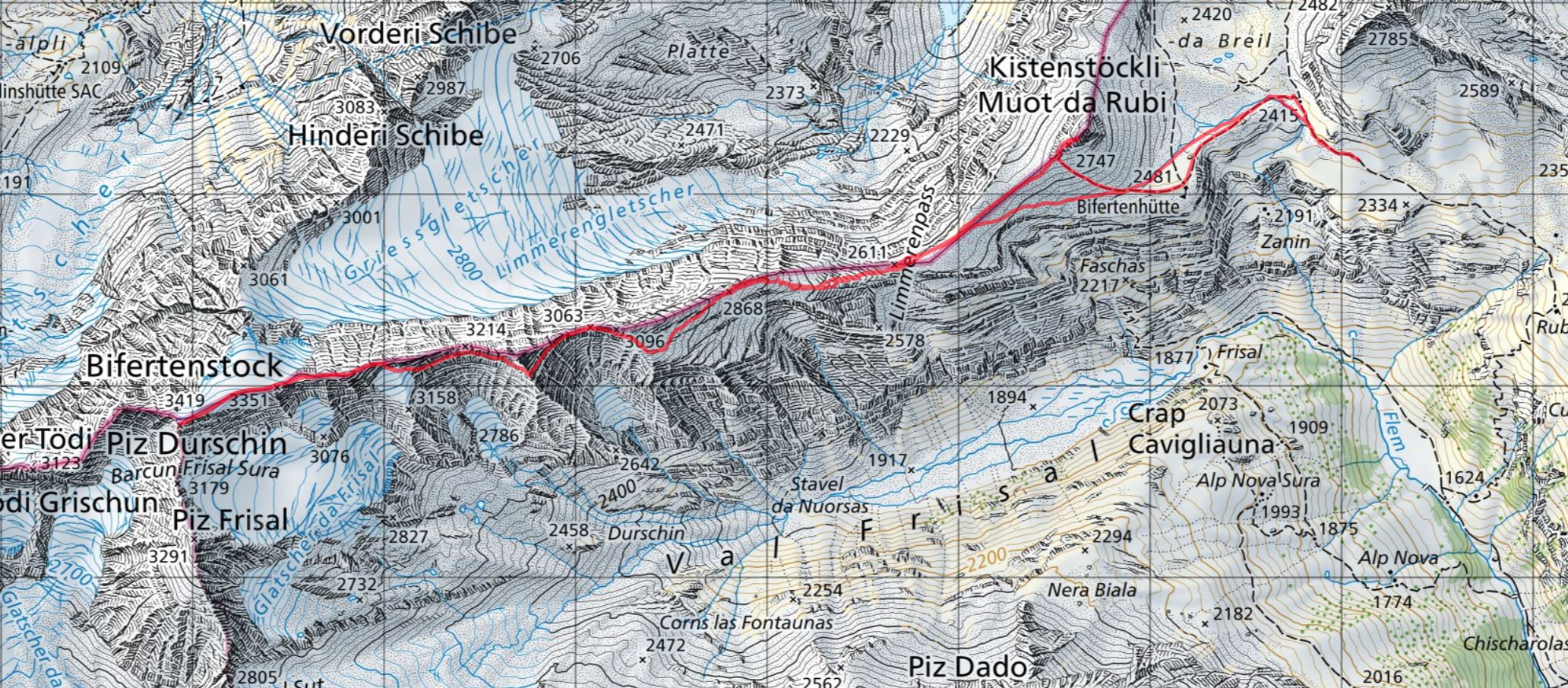 Übersicht auf die Route. Auf meinen Bergtouren arbeite ich mit dem Satmap Active 12 GPS mit Swisstopo Skitouren Routen. Erhältlich beim (www.trailshop.ch) in Küssnacht am Rigi.